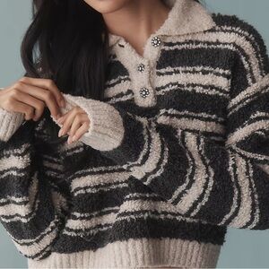 NWT Anthropologie Maeve Striped Rhinestone Button Polo Sweater Size M